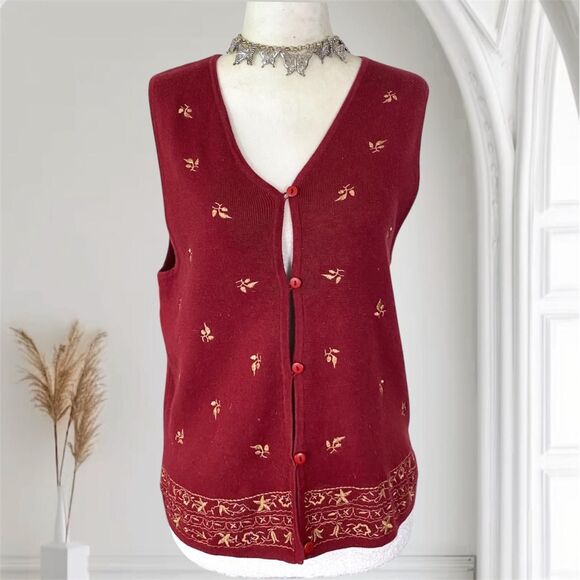 Ali Miles Nostalgia Vintage Fall Embroidered Cotton Burgundy Red Button Vest M - Picture 1 of 8